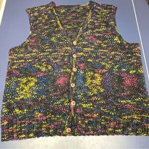 Handmade‎ Multicolor Knit Button-Up Vest ~XL  Grannycore Colorful Comfy